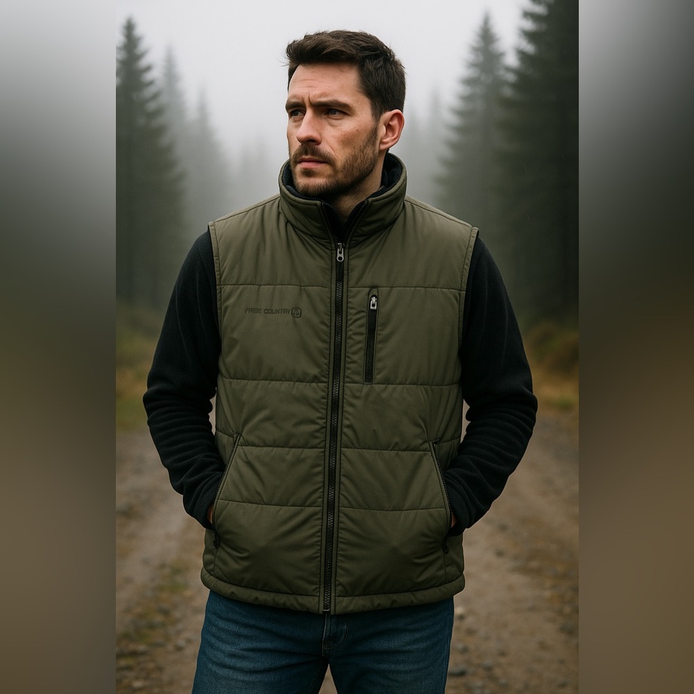 Free Country Olive Fleece-Lined Puffer Vest Men’s L – Outdoor Streetwear Layer